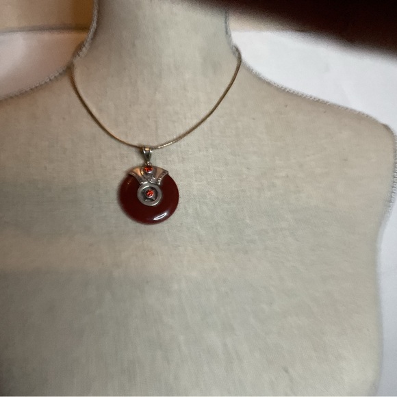Sterling Silver Carnelian Donut Pendant Necklace Red Stone - Picture 5 of 9